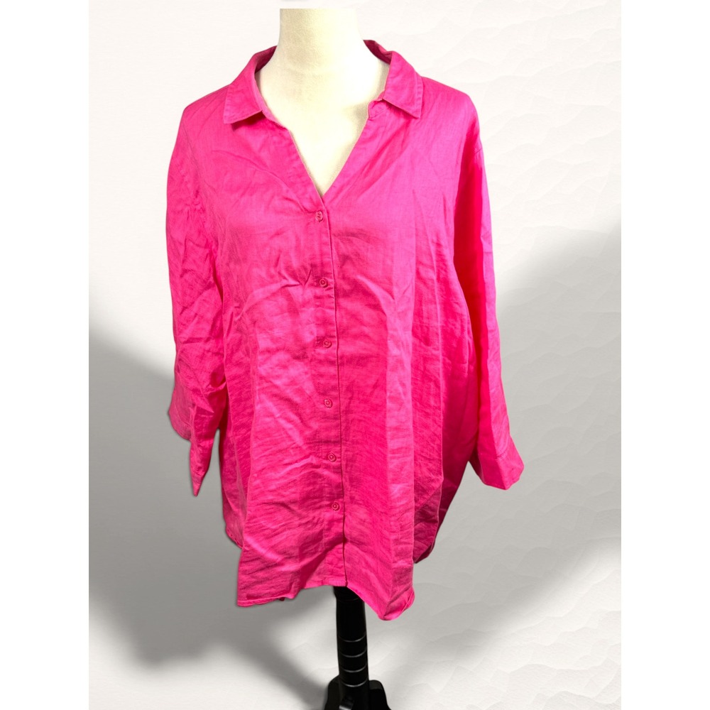 Investments II Button Down Shirt‎ Womens 3X Pink Coastal 100% Linen Long Sleeve